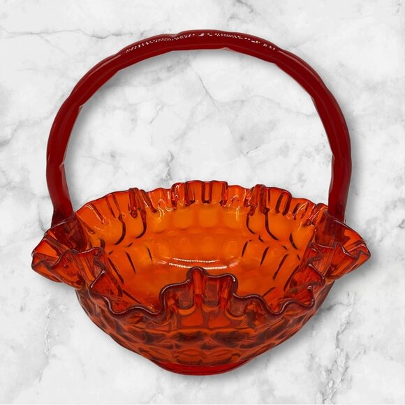 Fenton VTG Red Orange Amberina Thumbprint Glass Basket Ruffled Edge Grandmacore - Picture 3 of 16
